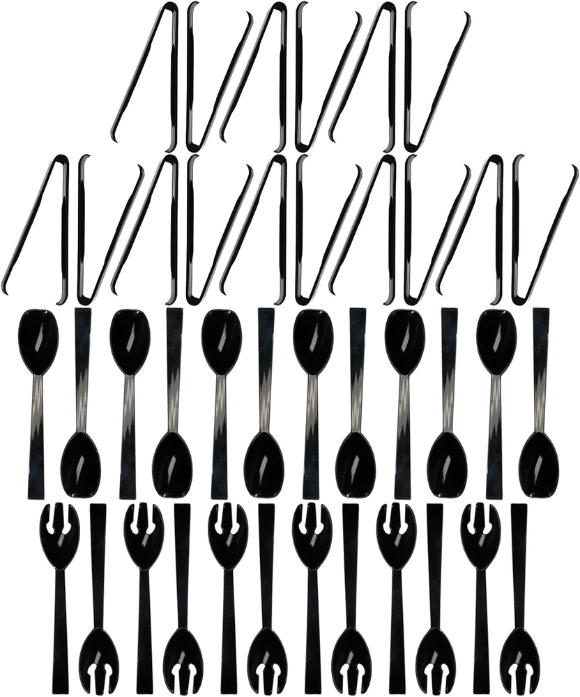 Plastic Party Buffet Serving Utensils Kit, Spoons/Forks/Tong, 40-Piece, Black