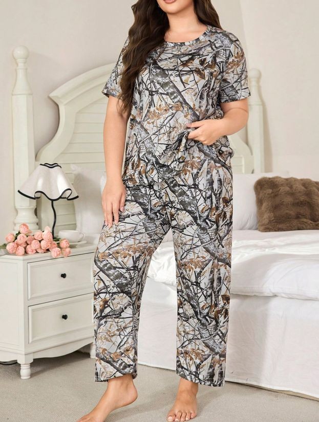 PYJAMA PLUS 22 24 26 Multicolour Abstract Camouflage Stretch Loungwear Comfort-image