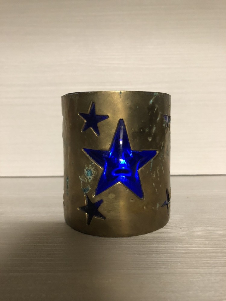 Grungy Celestial 90’s Candle Holder Whimsgoth Brass Cobalt Blue Glass Stars