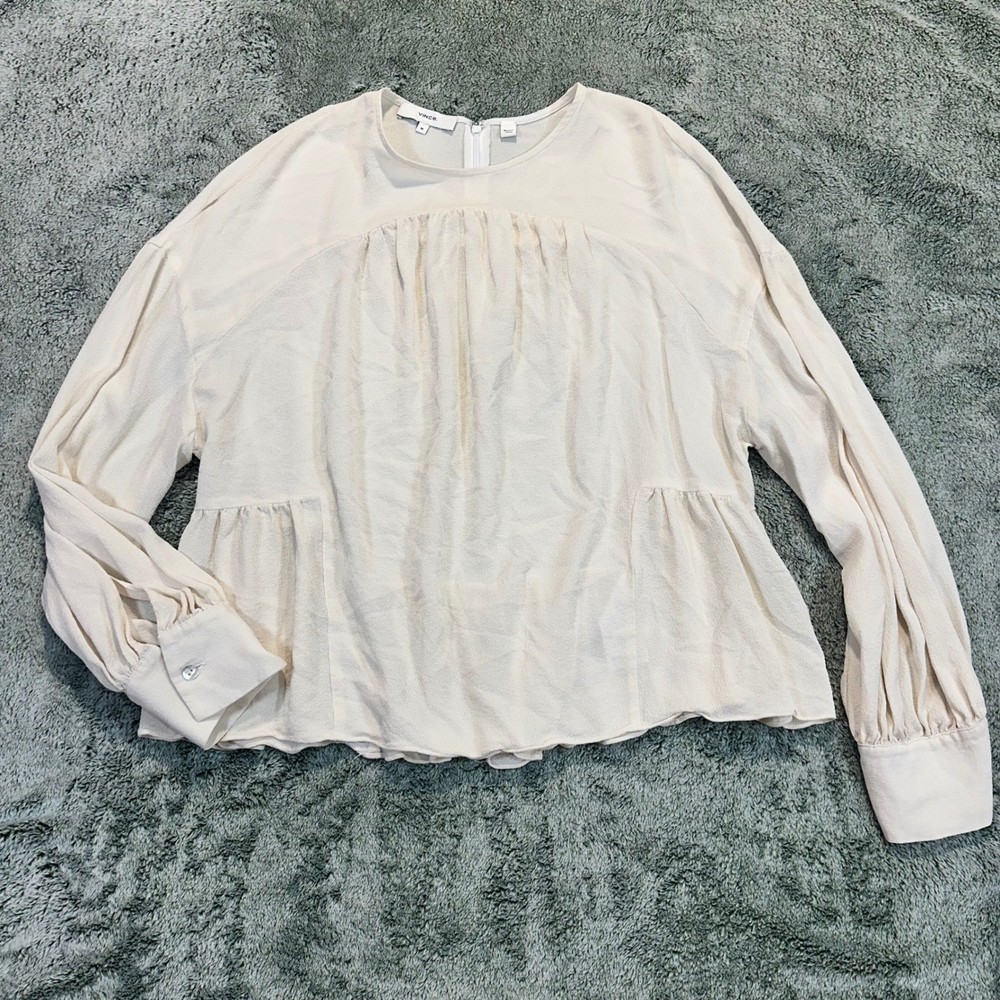 Vince 100% Silk Long Sleeve Peplum Blouse Cream V672912328 Womens Medium