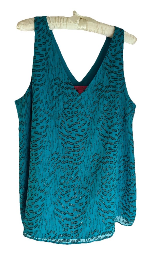 Lilly Pulitzer Florin Silk Sleeveless Top Metallic V-Neck Loose Fit Blue Sz L