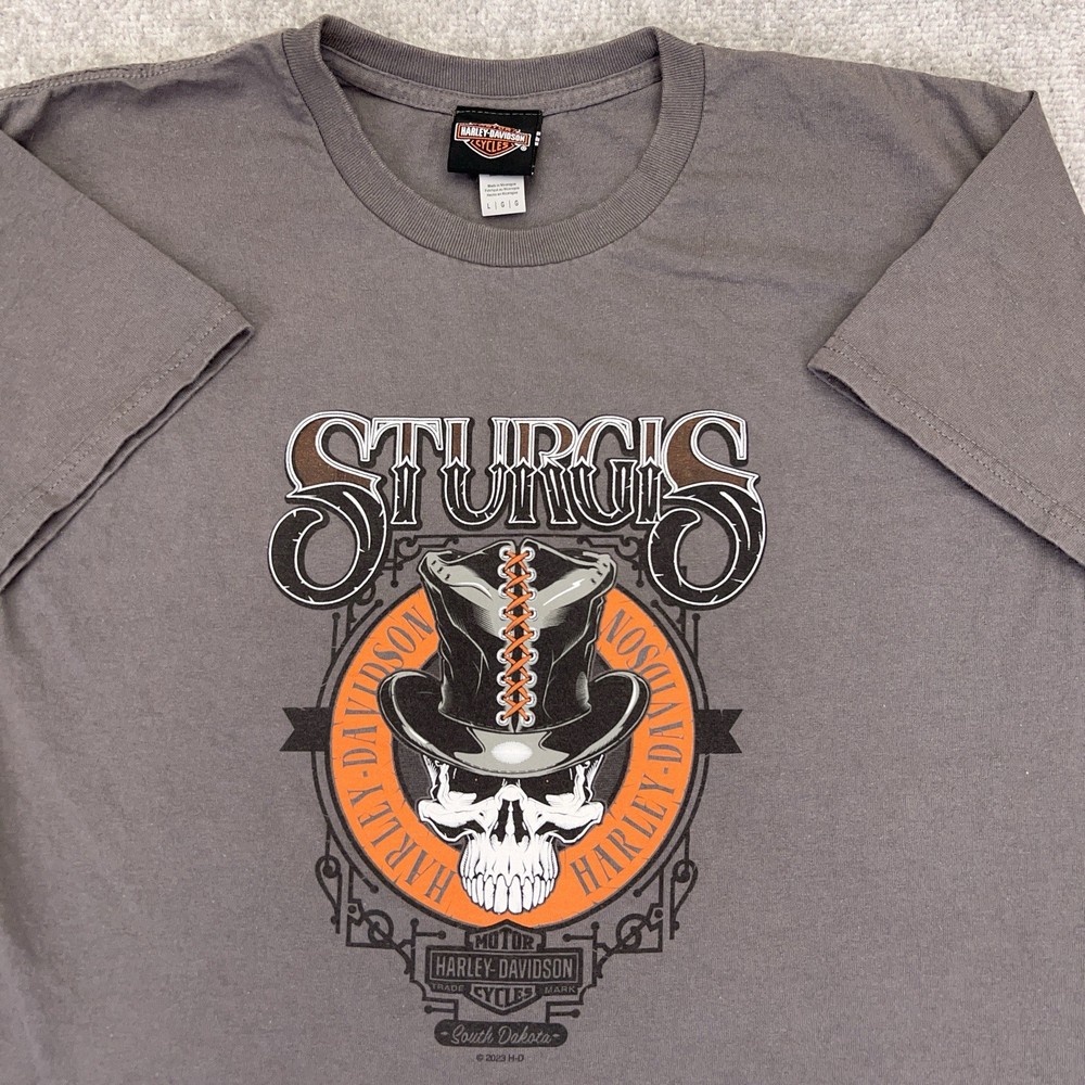 HARLEY DAVIDSON Sturgis South Dakota T-Shirt Moto Biker Rally Skull Gray Large