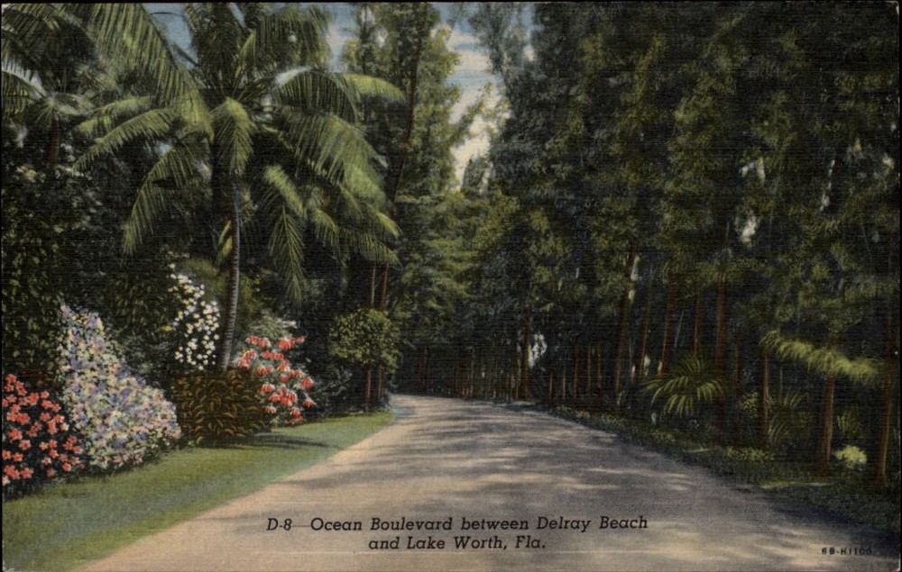 Ocean Boulevard Delray Beach to Lake Worth Florida ~ 1940s linen postcard