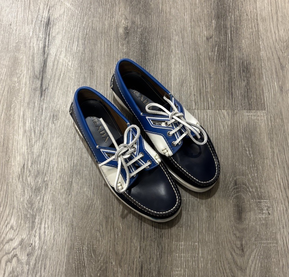 Prada Leather Boat Shoes Navy Blue White Men’s US 7 Made In Italy
