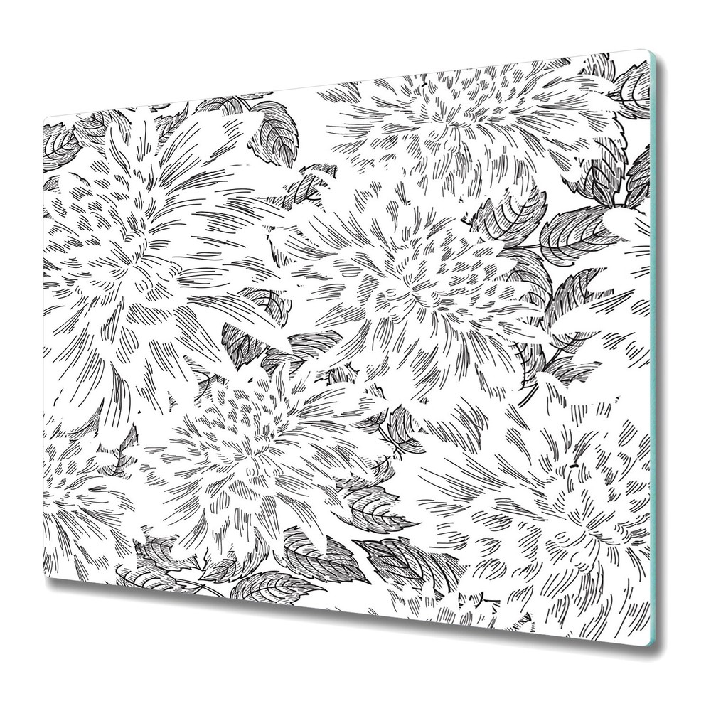 Glass Worktop Saver Kitchen Graphite Dahlias Black White Geometric Floral 60x52