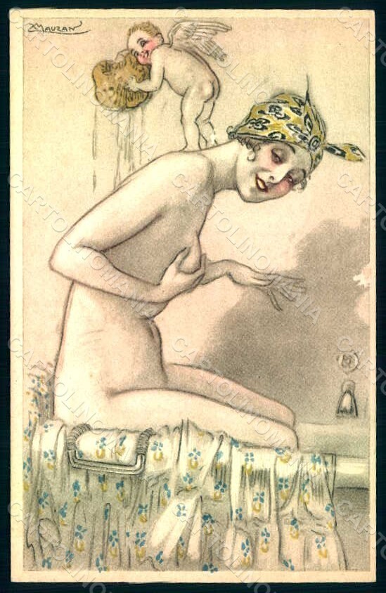 Artist Signed Mauzan Lady Risque Cupid Bath Tub serie 3-1 ABRADED pc HR1334