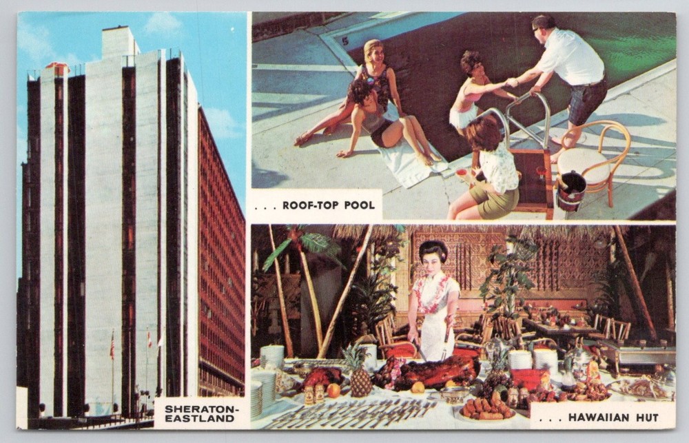 Sheraton-Eastland Motor Hotel Portland Maine Rooftop Pool Hawaiian Hut Postcard