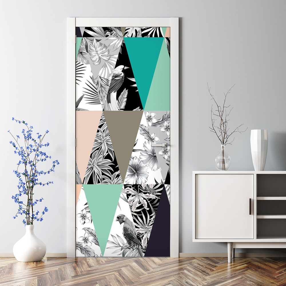 Tropical patchwork Bubble Free Door sticker black white and grey Decal design