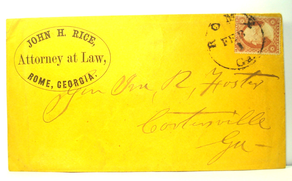 1850's GENERAL IRA ROE FOSTER ROME GA Cover ADVERTISING JOHN RICE ATTORNEY