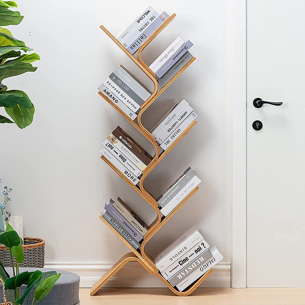 Bamboo Tree Bookshelf, 8-Tier Wood Bookcase, Free Standing Book Organizer She...