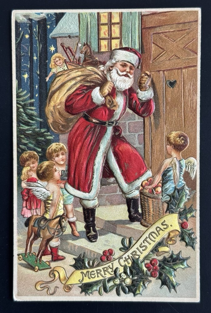 Antique Embossed Santa Claus Christmas Postcard Angels Children 1910s