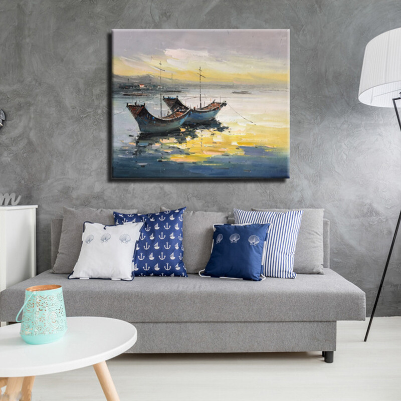 Hand Painted Canvas Painting Wall Art Abstract Landscape Seascape Boat Oil