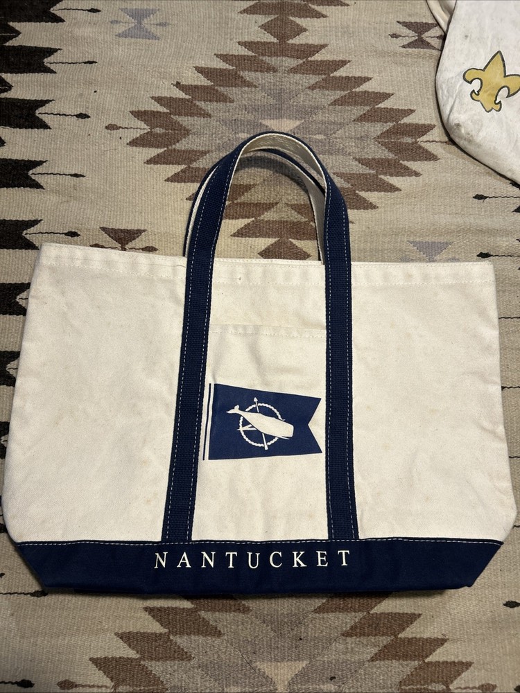 Vtg LL Bean Nantucket Canvas Tote Bag Blue White Whale Nautical 20