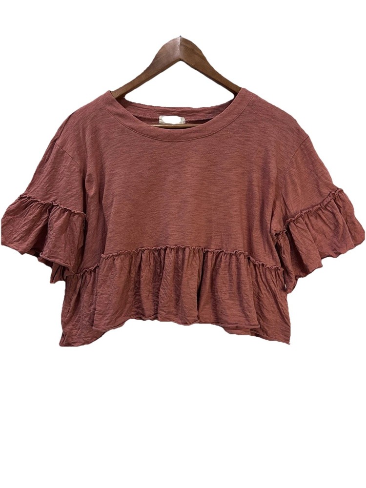 Altar'd State Cropped Ruffled Top Flared Sleeves Rust Brown Women’s Size Large