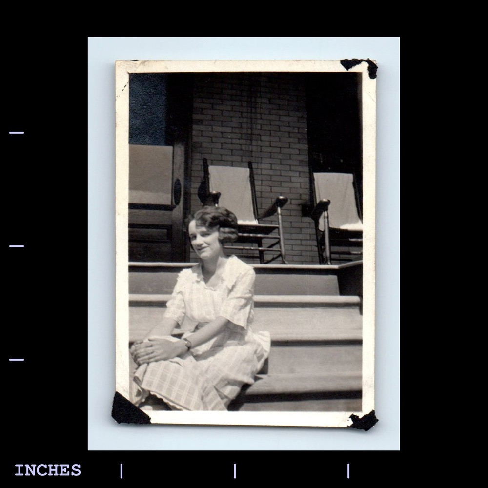 Old Vintage Photo WOMAN SITTING ON PORCH STEPS ROCKING CHAIR
