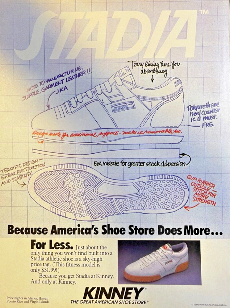 1986 Magazine Advertisement Stadia Athletic Shoes Kinney Shoe Store