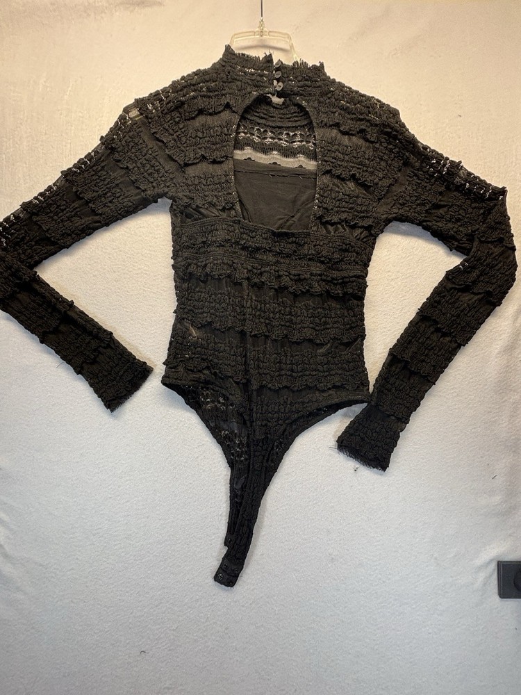 Free People FP One Black Lace Bodysuit Womens XS Mock Neck Long Sleeve Sheer