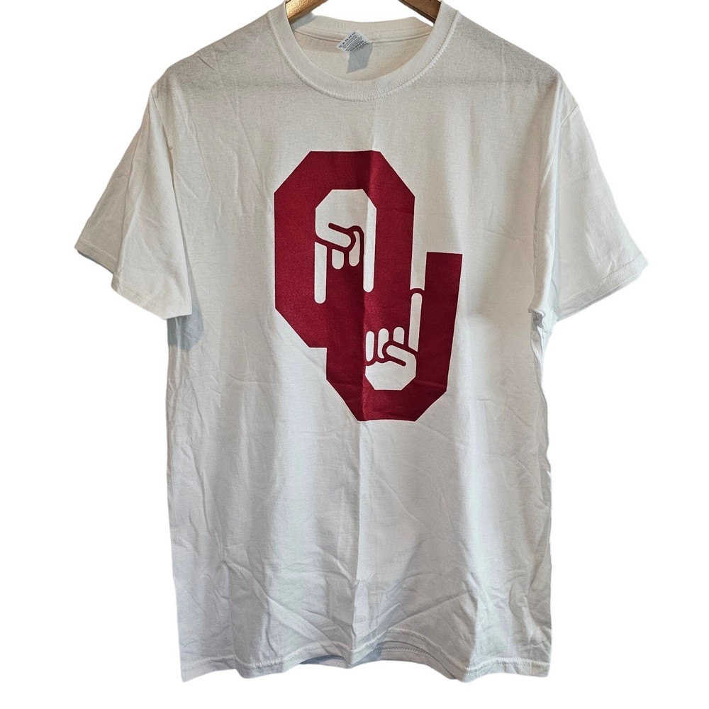 Oklahoma University OU T-Shirt Medium White Red Only One Horns Down Sooners