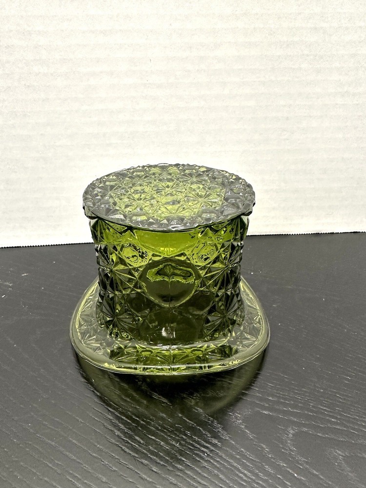 Fenton Olive Green Glass Large Toothpick Holder Top Hat Daisy & Button VTG