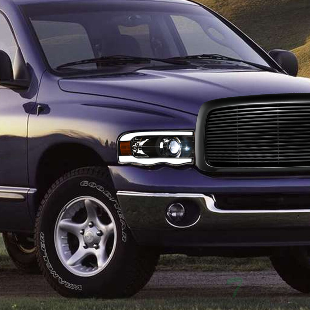 TLAPS For 02-05 Ram Blk Full LED Strip Projector Headlights Amber+Matte H Grille