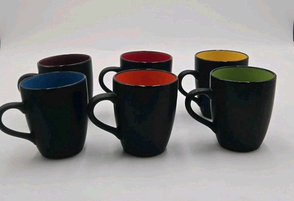 6 Pc Black Coffee Mug Set Colorful Interior Ceramic Cups Multicolor Tea Mugs...