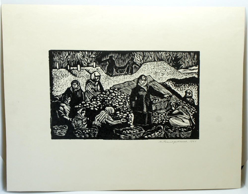 Linocut Engraving SocRealism Print Titled Signed by Ukrainian Soviet Artist 1961