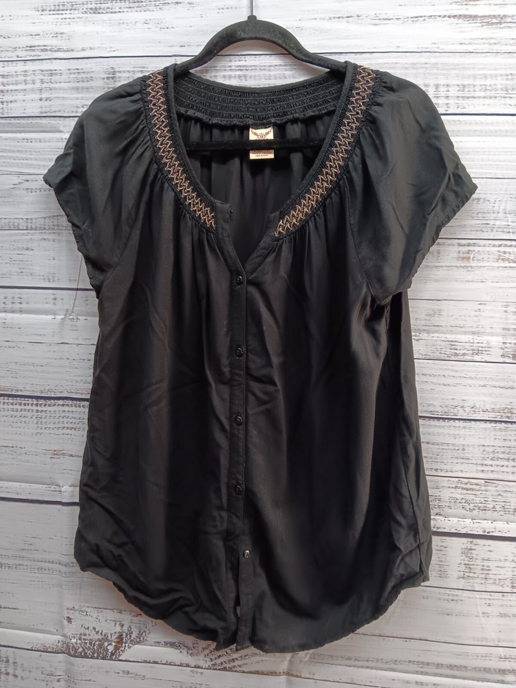 Faded Glory Blouse Women's L (12-14) Black V-Neck Button Up Short Sleeve