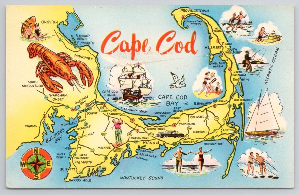 Vintage Cape Cod MA Pictorial Map Postcard - Colourpicture Plastichrome