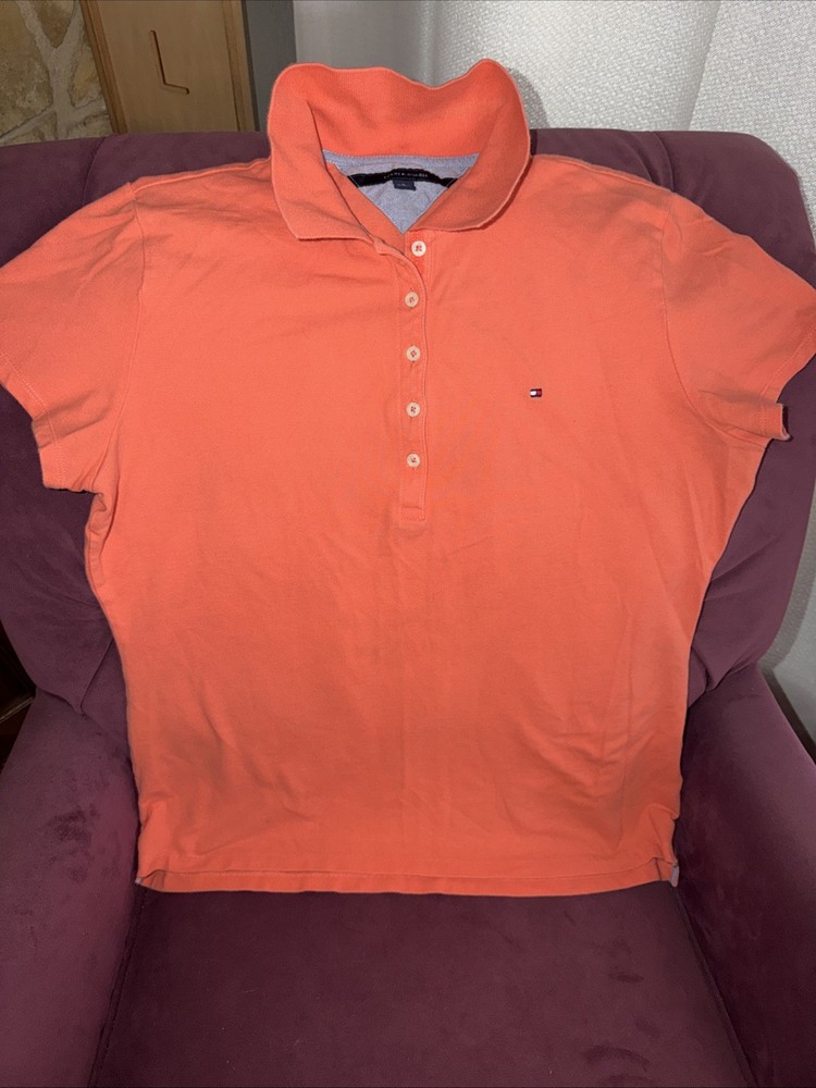 Tommy Hilfiger Polo Shirt Women’s Medium Coral Pink Short Sleeve Logo Stretch Xl