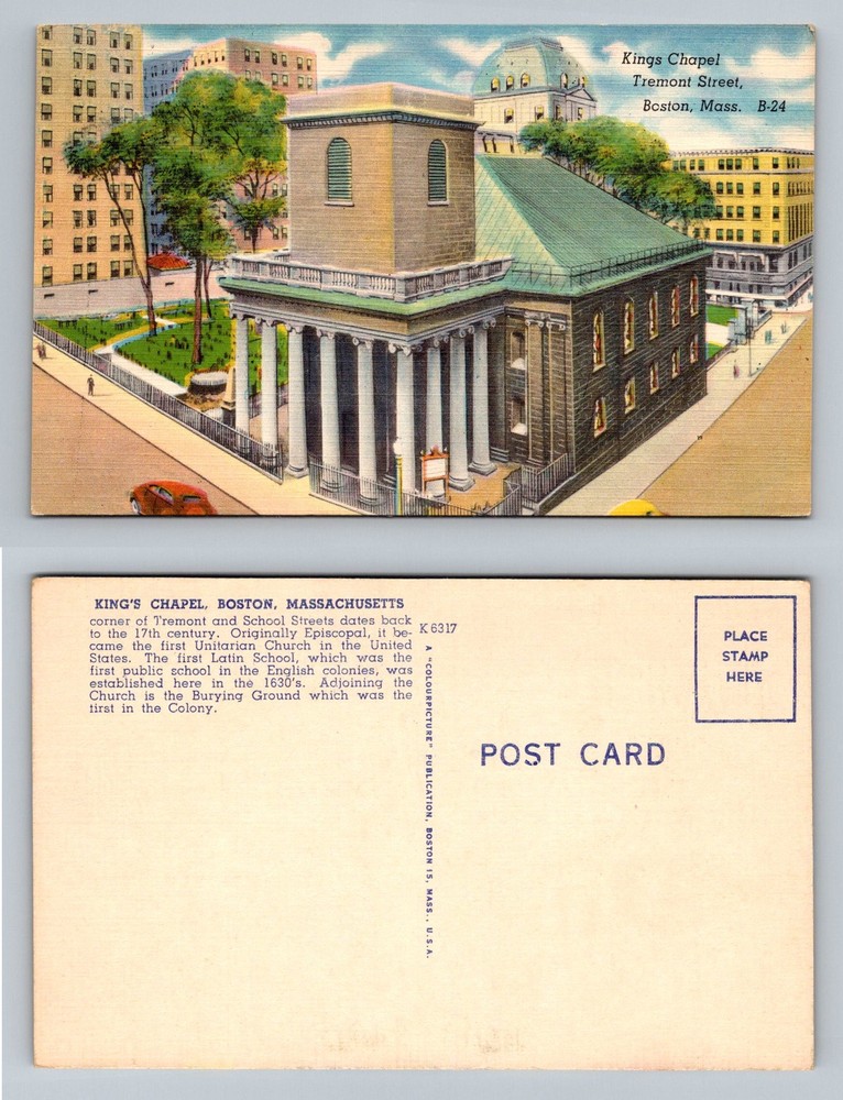 Boston, MA-Massachusetts, Kings Chapel Tremont & School Streets Vintage Postcard