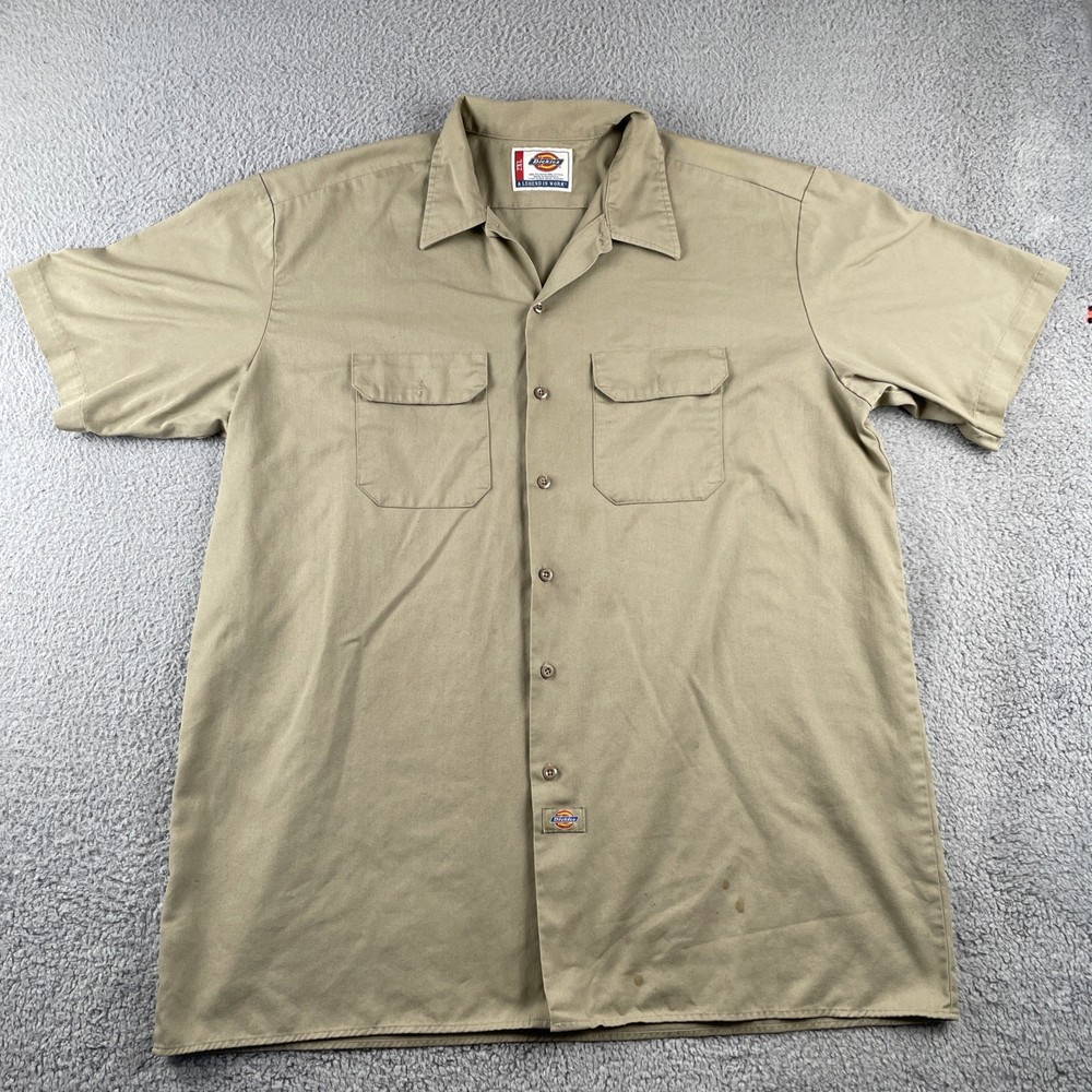 Dickies 2XL Khaki Button Up Pocket Work Shirt Collared Light Brown Tan Classic