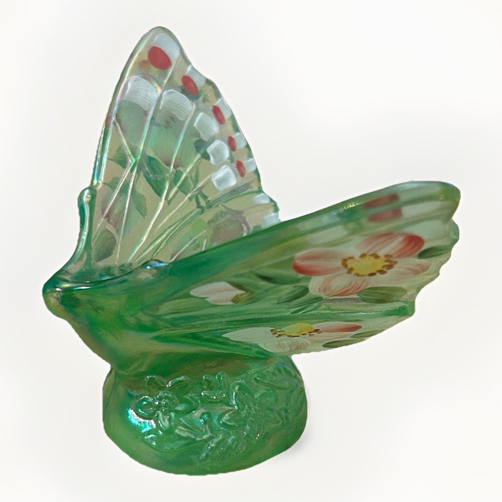 Fenton Fern Green Art Glass Butterfly Hand Painted Decor Signed By Artist