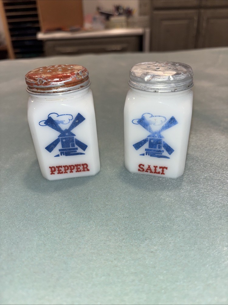 Vintage Mckee Milk Glass Windmill Dutch Salt & Pepper Shakes with Lids ~ 1950's