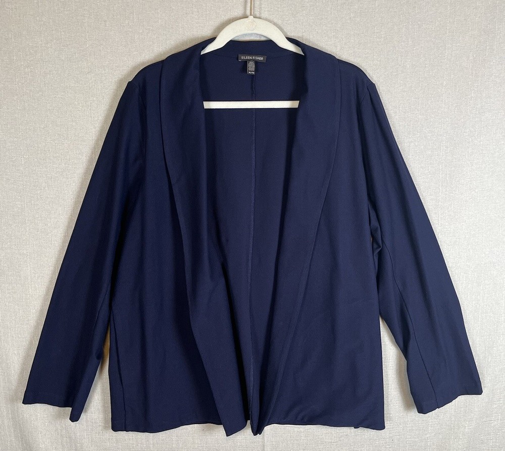 Eileen Fisher Navy Blue Cardigan Washable Thick Crepe Viscose SZ XL Open Front