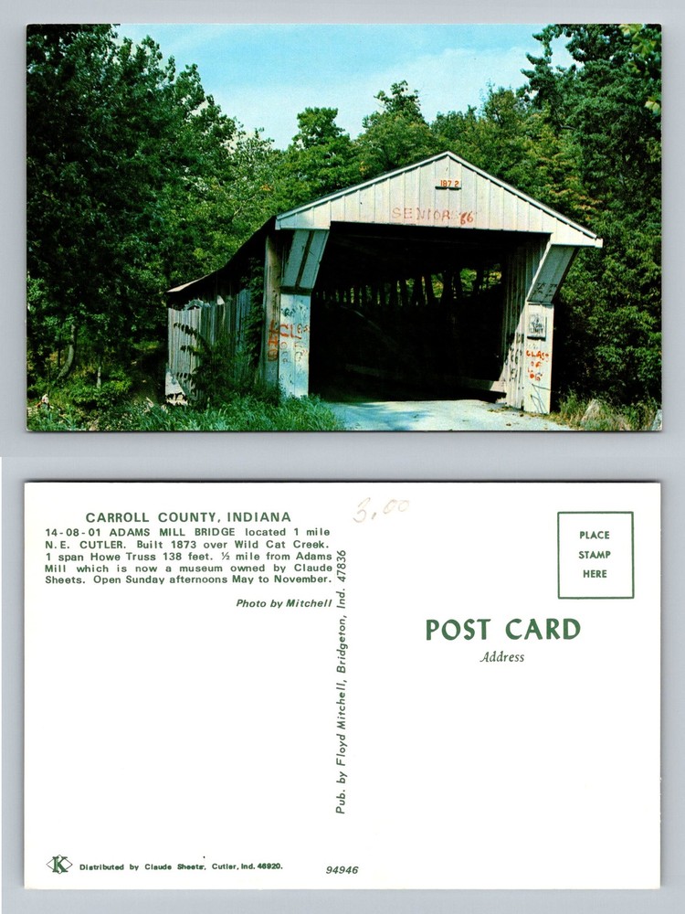 Cutler, IN-Indiana, Adams Mill Covered Bridge Wild Cat Creek Vintage Postcard
