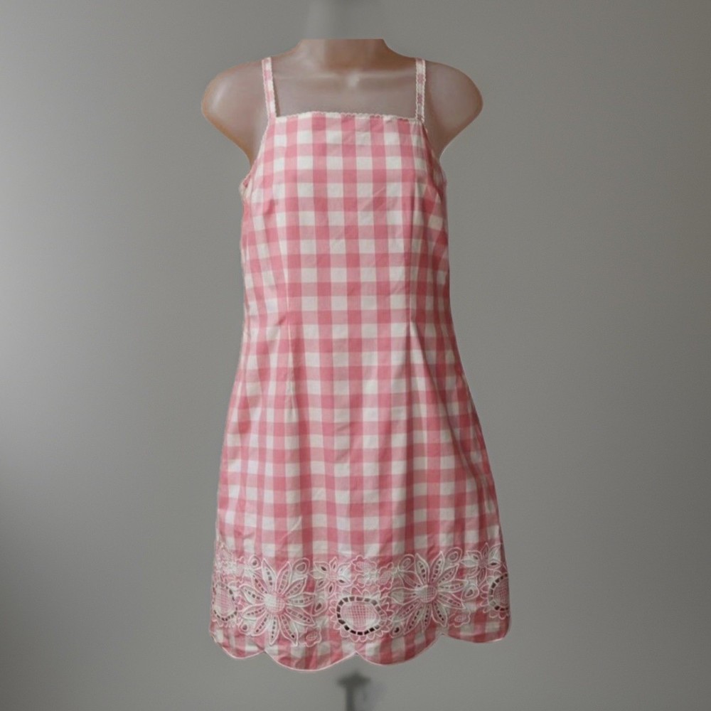 Lilly Pulitzer Pink White Gingham Dress Sz 6 Embroidered Floral Hem Cottagecore