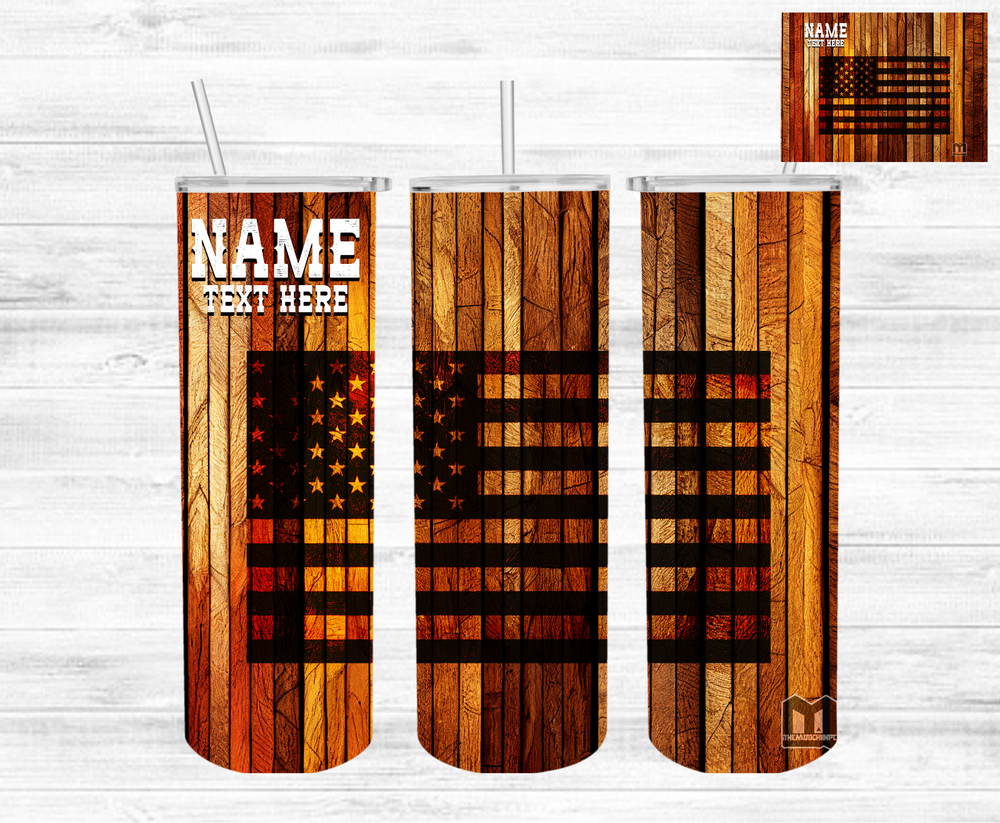 US Flag on Wood WP - 20oz Skinny Tumbler Custom Name with Straw Sublimation.