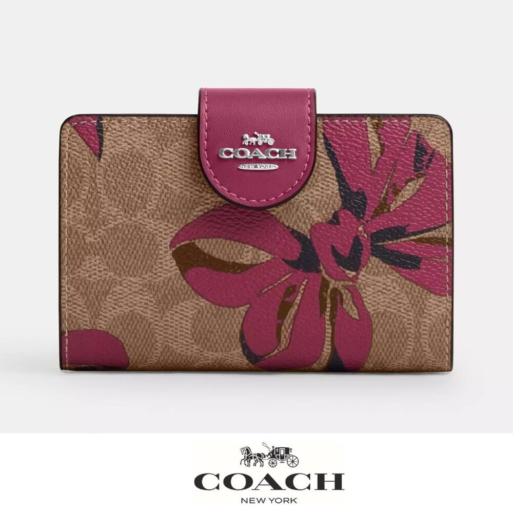 NWT 🎁 Coach Medium Corner Zip Wallet In Signature Canvas With Bow Print