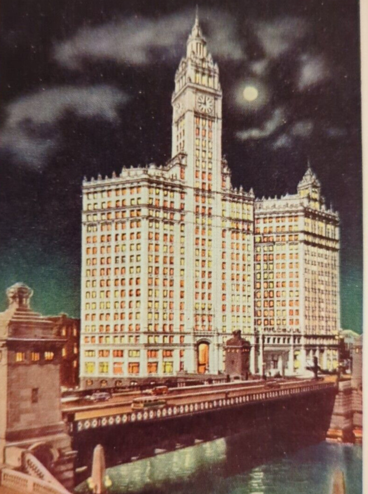 Chicago Illinois IL Wrigley Buildings by Moonlight Night View VTG Postcard