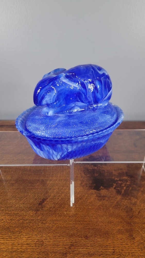 McKee Summit Cobalt Blue & White Slag Glass Rabbit Bunny on Nest Covered Bowl