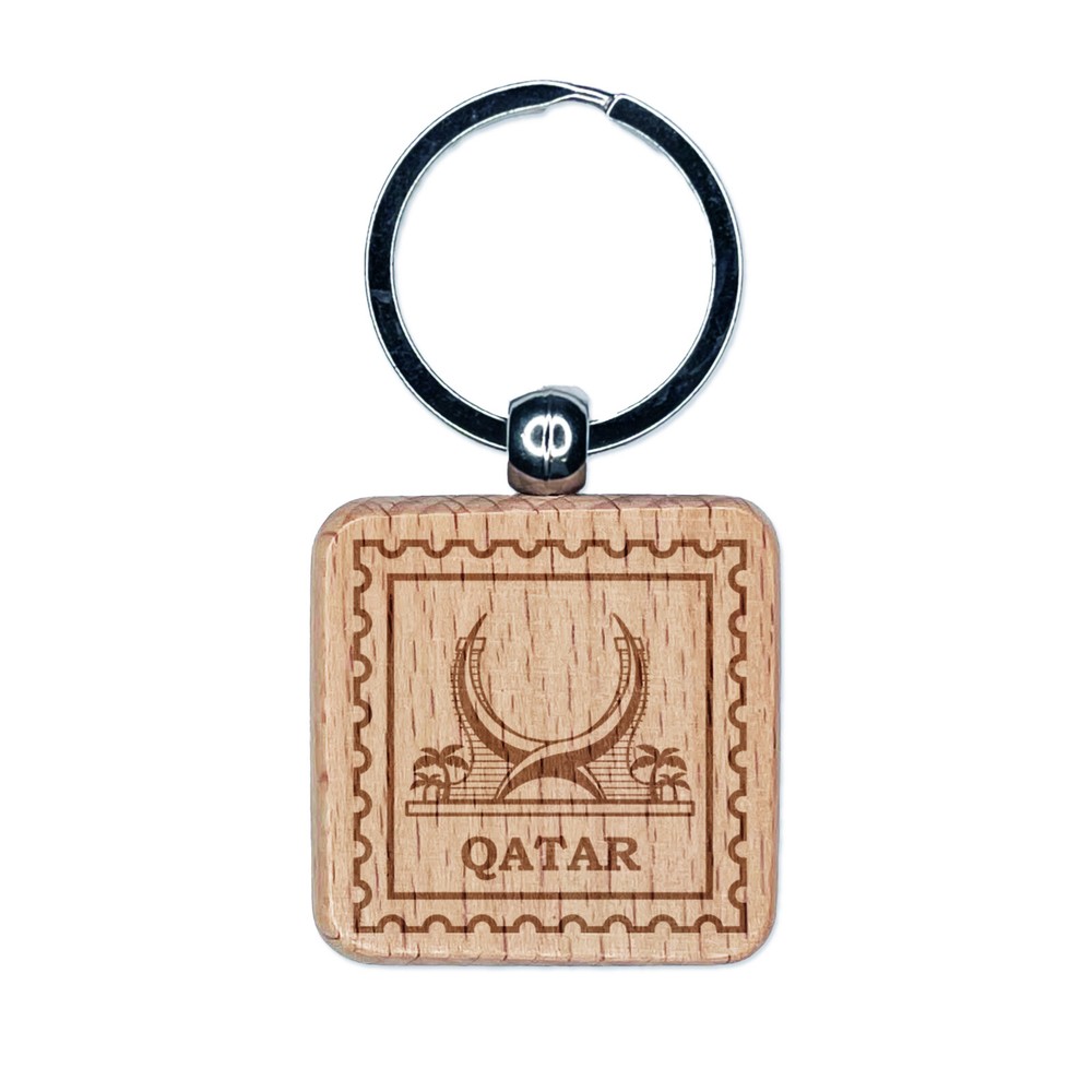 Qatar Travel Katara Towers Hotel Engraved Wood Square Keychain Tag Charm
