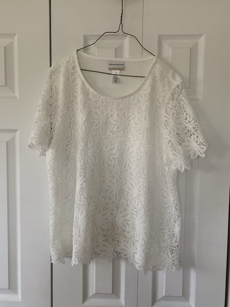 Alfred Dunner White Eyelet Lined Short Sleeve Top Shirt Plus Size 1X Vguc!
