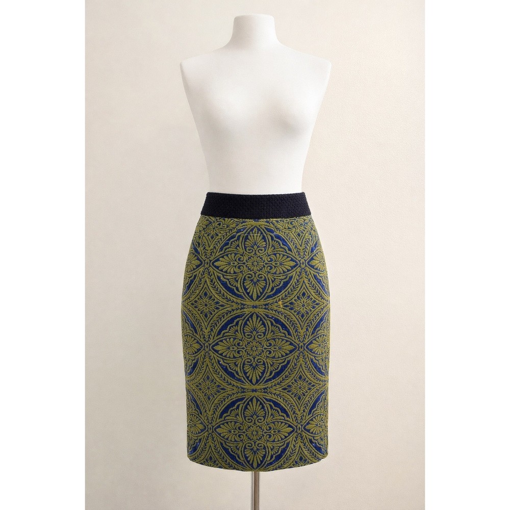 Maeve Anthropologie Jacquard Pencil Skirt Small Blue Yellow Damask Textured Boho
