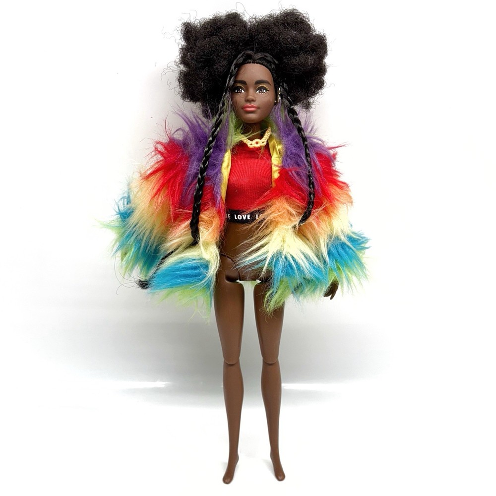 2020 Mattel Barbie Extra Doll Furry Rainbow Coat Doll Articulated Incomplete
