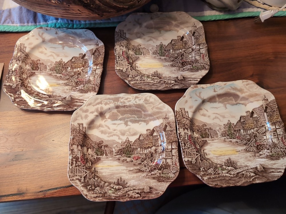 set of 4 Johnson Brothers Old Countryside Transferware Square Salad Plates