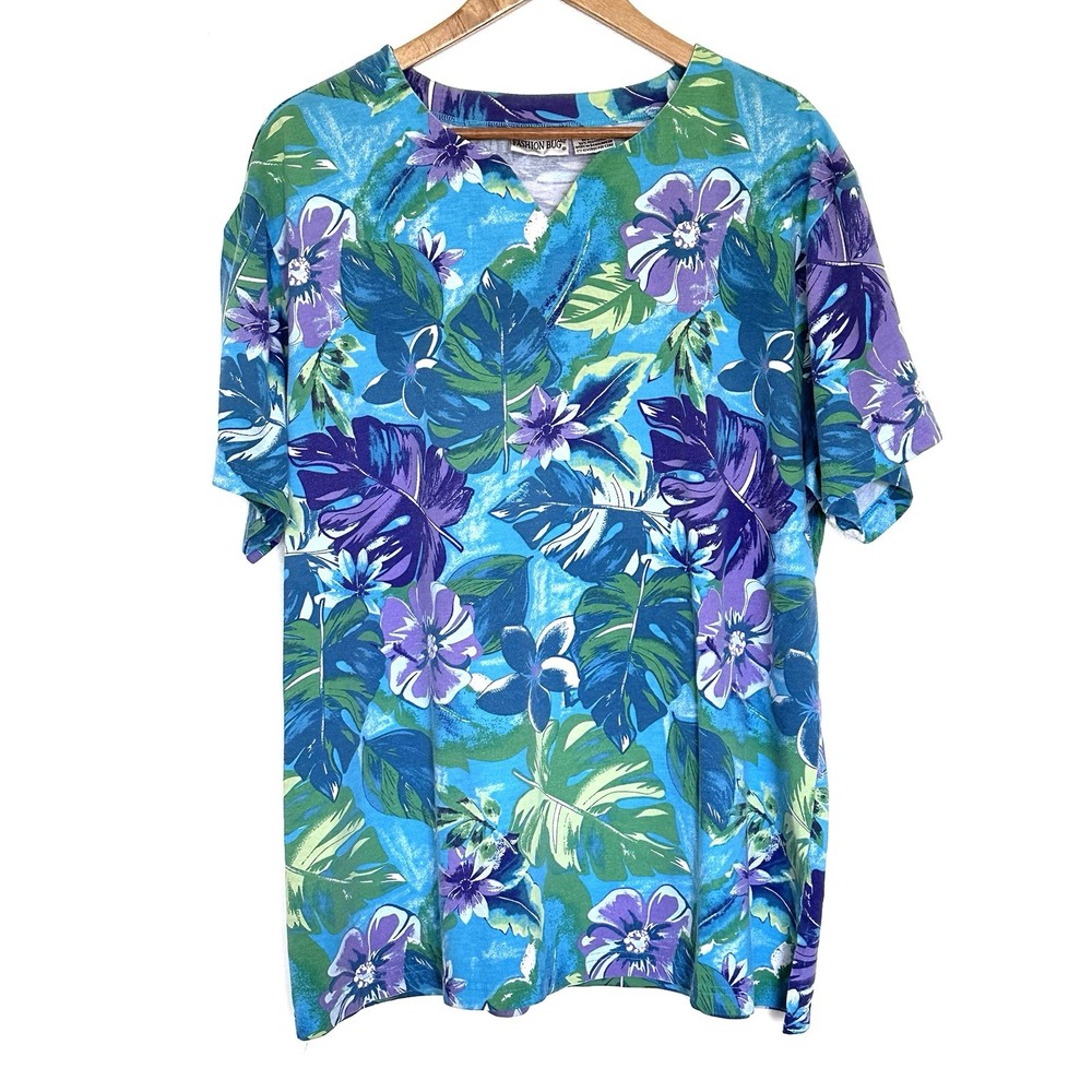 Fashion Bug Plus Shirt Women’s 1X Floral Cotton Short Sleeve V Neck Top