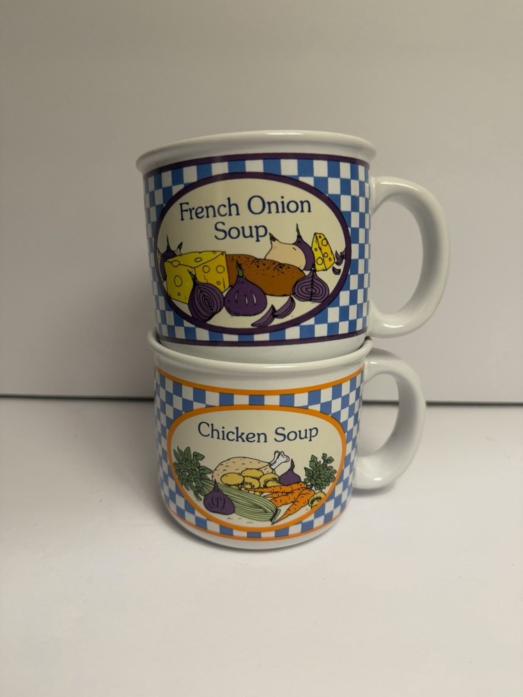Vintage Papel Giftware Recipe Soup Mugs Set of 2 French Onion & Chicken 1970s