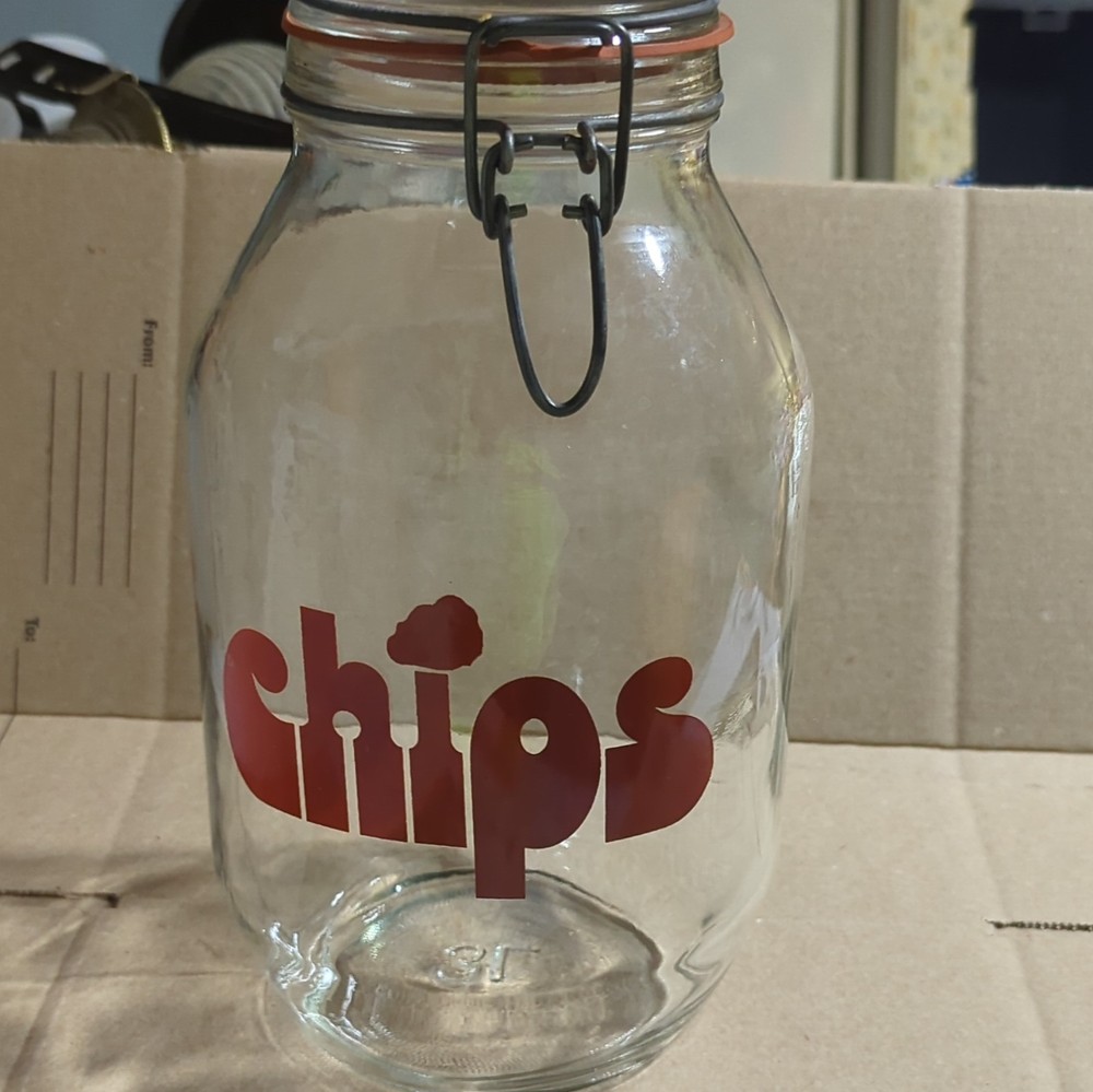 VINTAGE Triomphe France Large 3L Glass CHIPS Jar Canister Wire BAIL Lock RARE