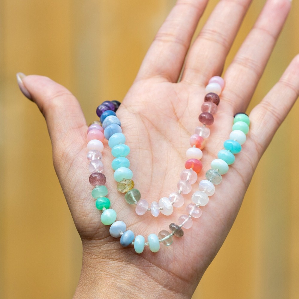Natural Multi Gemstone Rainbow Beaded Necklace in Sterling Silver