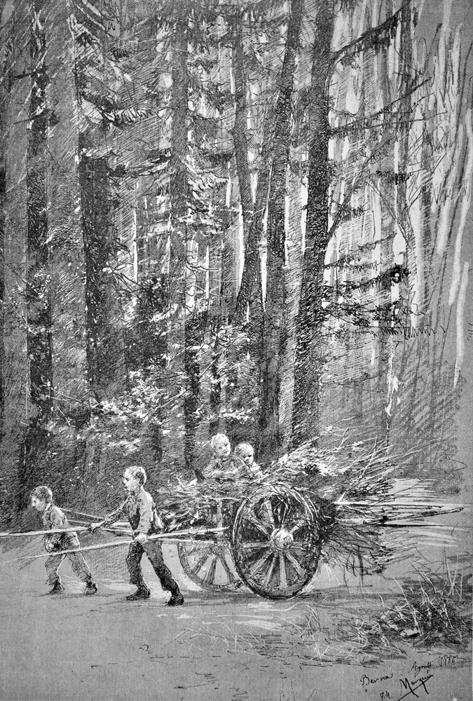 B & W children playing in the woods Decor Poster. Home Graphic Art Design. 4115